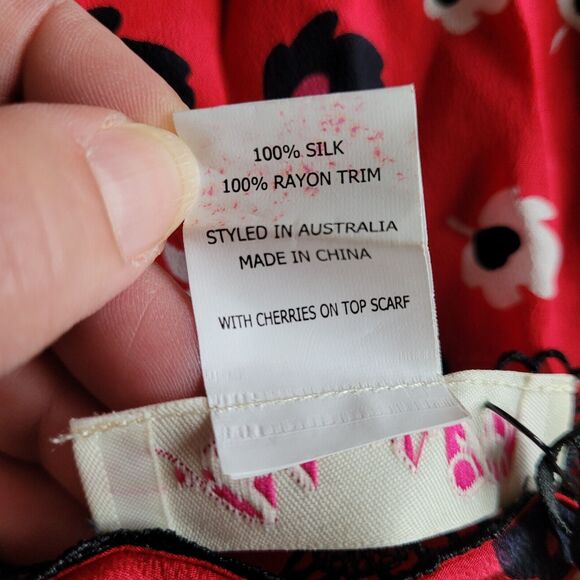 Silk Scarf with Cherries on Top ALANNAH HILL Rayon Lace Trim Red Black NEW - Picture 7 of 11